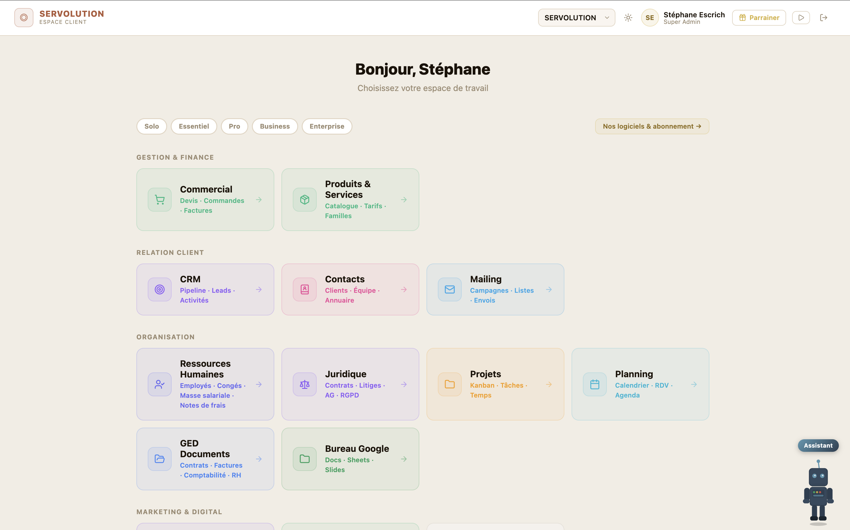 Vue d'ensemble du Hub Servolution avec tous les modules